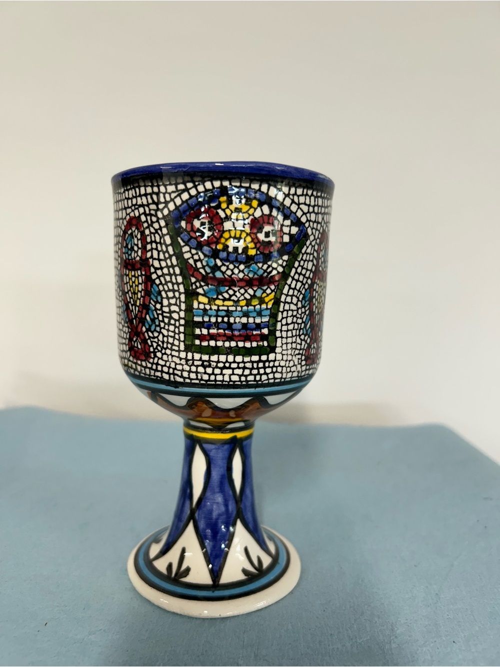 Hand-Painted Blue Mosaic Ceramic Goblet — Decorative Home Art